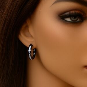 Women's Stunning Dainty Silver & Black Open Hoop Design Earrings, #2